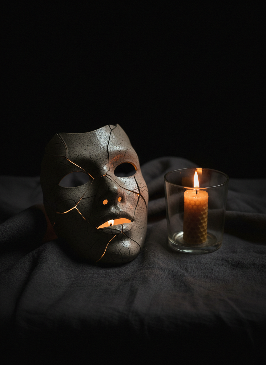 A cracked, blackened ceramic mask lying on a dark linen cloth, its surface matte and rough, with fine fractures revealing a subtle inner layer of luminous, pearly material at the edges. Beside it rests a small, lit beeswax candle in a simple glass holder, its flame low but steady. The candlelight is the only source, casting a warm halo and deep, soft-edged shadows that hide most of the surrounding space. Photographic realism with a tight, centered composition shot from slightly above, the background falling into velvety black. The atmosphere is intimate and introspective, suggesting the sacred process of shedding old personas, integrating hidden parts, and moving through shadow into quiet transformation.