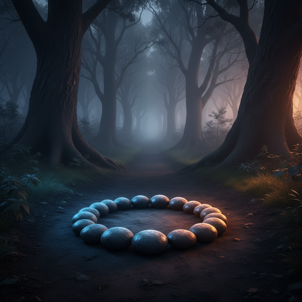 An old-growth forest path at twilight, the earth rich and dark beneath a canopy of towering trees whose trunks fade gradually into shadow. In the center of the path lies a small circle of smooth river stones, one side in soft, cool blue shade and the other kissed by the last warm amber light of the setting sun. Mist forms a subtle veil in the background, blurring distant branches. The photographic image is shot from a low angle with the path leading into depth, creating a sense of journey inward. The lighting emphasizes duality and transformation, with an atmosphere that feels sacred, quiet, and deeply introspective.