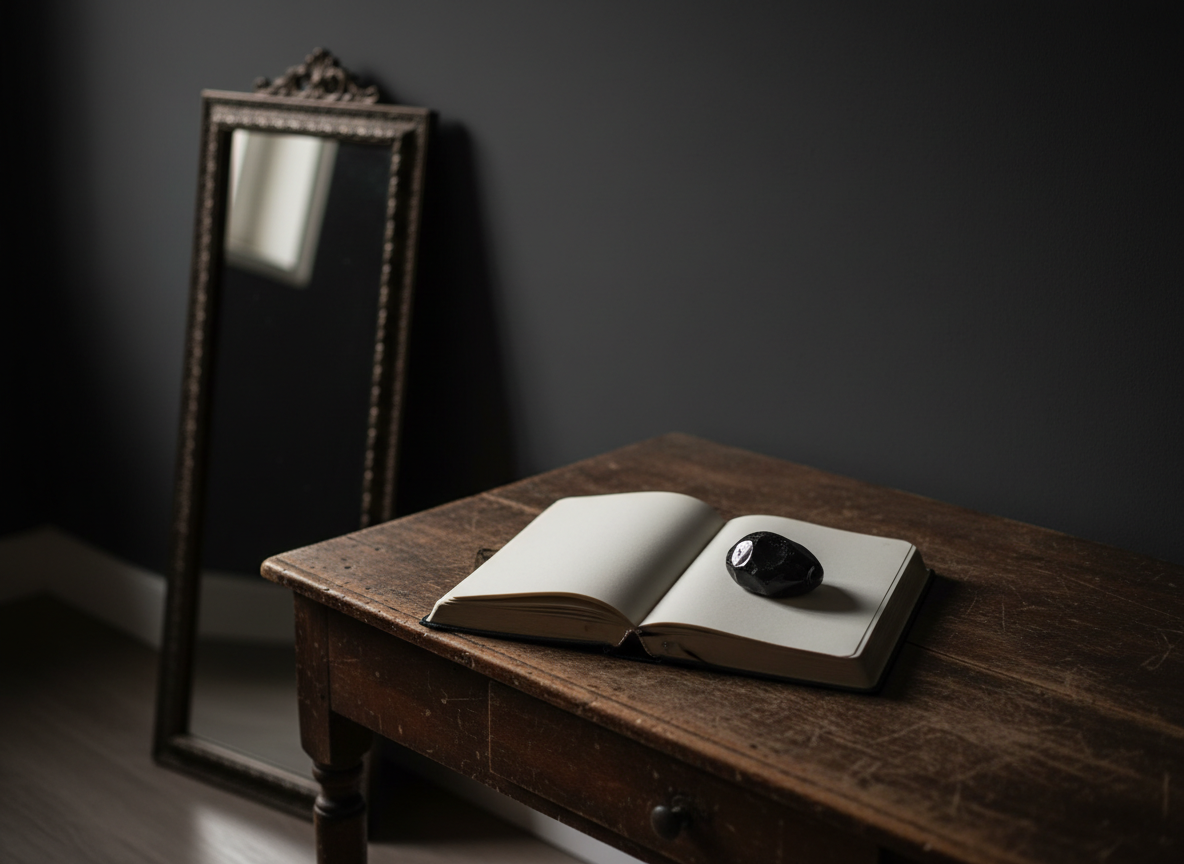A weathered, dark wooden writing desk set against a deep charcoal wall, its surface holding an open, blank leather journal and a single obsidian stone resting on the page. A tall, antique mirror beside the desk reflects only darkness, with the faint outline of the journal’s edge. Soft, diffused evening light seeps in from an unseen side window, casting long, gentle shadows and a muted silver highlight across the stone and paper. Photographic realism with a sophisticated, minimal composition in rule-of-thirds, shot at eye level with a shallow depth of field, creating an intimate, introspective mood that suggests sacred shadow work and inner reflection without any human presence.