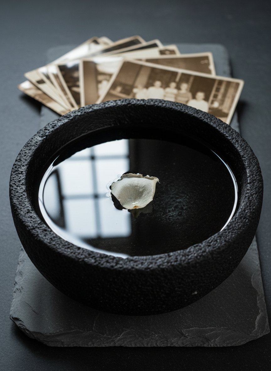A large, rough-hewn black stone bowl resting on a slate surface, half-filled with clear water. The water’s surface reflects a window-shaped patch of light in one half and deep, velvety darkness in the other, with a single dried white rose petal floating exactly on the divide. Behind it, faintly visible, are layered, timeworn family photographs turned face down, emphasizing ancestry without showing people. Side lighting from a cool, diffused source creates strong tonal contrasts and delicate reflections on the water. Photographic realism with a centered, meditative composition and shallow depth of field, the mood is solemn yet hopeful, evoking ancestor healing, emotional depth, and the sacred meeting of light and shadow.