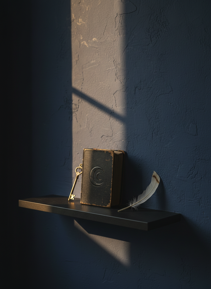 A minimalist altar-like arrangement on a matte black stone shelf: a closed, aged book with a moon-embossed dark cover, a small brass key, and a single white feather burned slightly at the tip. Behind them, a wall of textured deep indigo plaster shows traces of layered paint, like old stories beneath the surface. A narrow beam of soft golden hour light cuts diagonally across the objects, leaving the rest in gentle darkness, creating elongated, thoughtful shadows. Photographic realism, captured at a slight three-quarter angle, with negative space around the objects to suggest mystery and invitation. The mood is sophisticated, sacred, and contemplative, hinting at inner transformation and shadow work without any literal spiritual clichés.